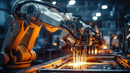 Aufkleber - Industrial machine automatic robotic arm at smart modern factory.