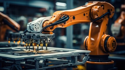 Aufkleber - Industrial machine automatic robotic arm at smart modern factory.