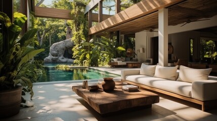 Wall Mural - interior of contemporary villa with pool and jungle, light full big space.