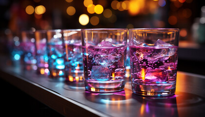 Canvas Print - Nightclub bar pouring cocktail drink, glass illuminated with purple background generated by AI