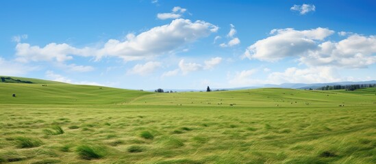 Canvas Print - High quality photo of a beautiful hay runoff on a mowed green field with a blue sky backdrop