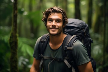 portrait of a male backpacker in a tropical rain forest