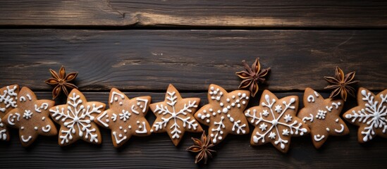 Sticker - New year and Christmas gingerbread on wooden background with design space