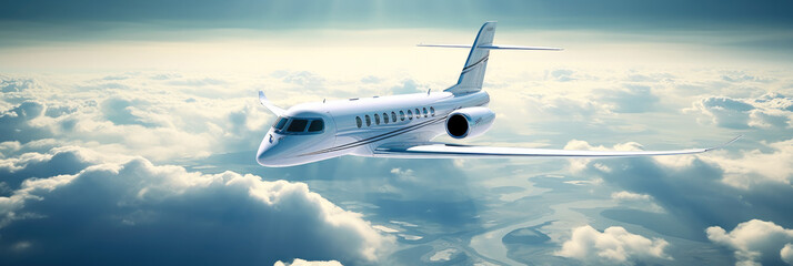Poster - Private Jet fly in the cloud blue sky.