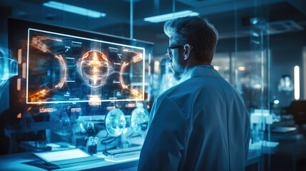 Poster - Doctor diagnosis analysis on monitor preparing operation on heart disease in a futuristic hospital, Surgeon team.