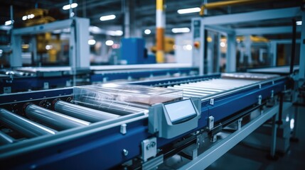 Poster - High-speed automated packaging conveyor belt in a factory.