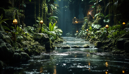 Sticker - Tranquil tropical rainforest green leaves, flowing water, reflecting moonlight generated by AI