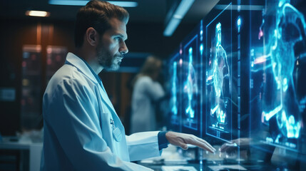 Poster - Doctor working and checking on big screen in futuristic lab hospital, High tech healthcare.