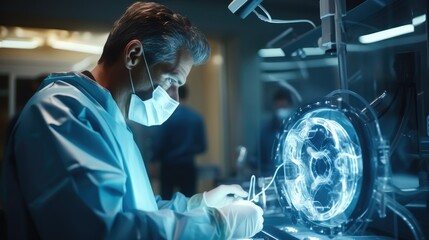 Poster - Doctor checking heart disease and illness on monitor, diagnosis analysis preparing operation on heart disease in a futuristic hospital.