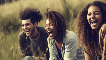 Wall Mural - A group of young adults smiling and enjoying the outdoors generated by AI