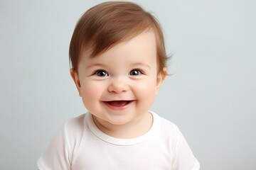 Sticker - baby smiling and looking up to camera on a white background