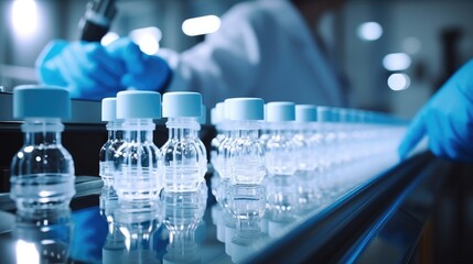Poster - Staff checking quality and control of Medical vials on production line at pharmaceutical factory.