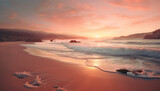 Fototapeta  - Sunset over the tranquil coastline, waves crashing on sandy shores generated by AI