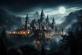 Fototapeta Londyn - vampire Castle with a landscape of trees, foggy, in the night, photorealistic by Generative AI