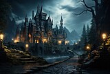 Fototapeta Londyn - vampire Castle with a landscape of trees, foggy, in the night, photorealistic by Generative AI