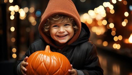 Poster - Smiling child celebrates Halloween outdoors, cute pumpkin lantern party generated by AI