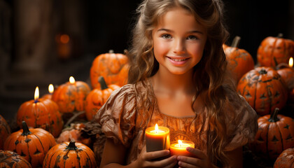 Canvas Print - Smiling child playing with pumpkin, celebrating Halloween in autumn generated by AI