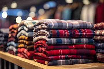 Canvas Print - stacked flannel shirts on wooden table