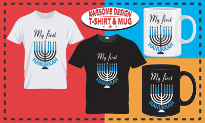 Wall Mural - Hanukkah T-shirt and mug design, happy Hanukkah typography custom, vector best for print design.
