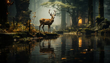 Silhouette Of Stag Standing In Tranquil Forest At Dusk Generated By AI