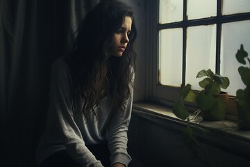 Wall Mural - Sad and depressed woman sitting near windows. Generative AI