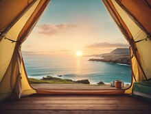 Point Of View Camping Tent Facing On The Beach With Sunlight	