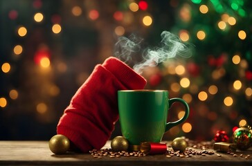 Green Cup of hot drink with Christmas decoration on bokeh background