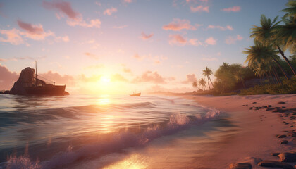 Poster - Sunset over the tranquil coastline, a tropical paradise awaits generated by AI