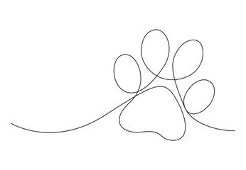 Poster - Pet paw print single continuous line drawing. Dog or cat footprint. Isolated on white background vector illustration. Premium vector. 
