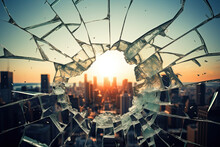 Broken Window Reflection Over City