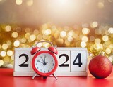 Fototapeta Dmuchawce -  Gift box and 2024 calender and red o'clock on red table. Golden bokeh background. christmas