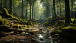 Tranquil scene wet autumn forest, mysterious fog, flowing water generated by AI