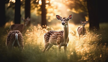 Cute Deer Grazing In Meadow, Spotted Fawn Standing In Sunlight Generated By AI