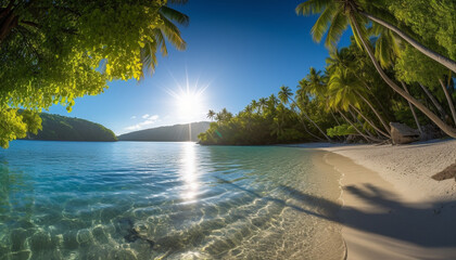 Canvas Print - Idyllic summer landscape blue water, sandy beach, tranquil palm tree generated by AI