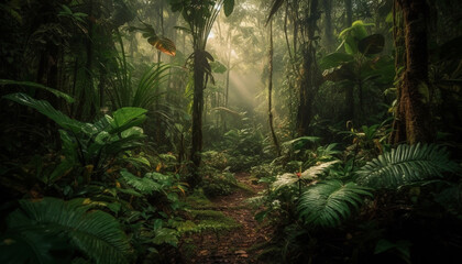  Mysterious fog blankets tranquil rainforest, revealing nature beauty and growth generated by AI