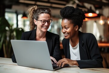 Diversity and business people reading online report, website design feedback or research project. Collaboration, staff mentor and team designer working on company homepage development.