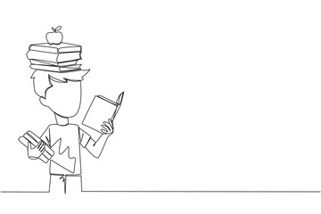 Poster - Single one line drawing boy reading a book practicing balance. Stack books on top of head along with the apple. Balancing reading rhythm, train focus. Love read. Continuous line graphic illustration