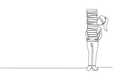 Poster - Single one line drawing woman carrying tall stack of books covering herself. Newly purchased book from bookstore. Read books one by one at home. Love read. Continuous line design graphic illustration
