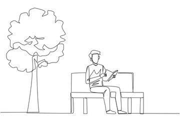 Poster - continuous one line drawing man sitting on park bench reading book. learn by re-reading textbook. re