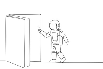 Poster - Single one line drawing astronaut open the book-shaped door. Book can open mind and see everywhere. Increase knowledge about the wider world. Book festival. Continuous line design graphic illustration