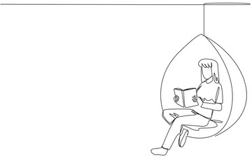 Poster - Single one line drawing woman sitting relaxed in a hanging chair reading a book. Spending the weekend reading the favorite fiction story book. Love reading. Continuous line design graphic illustration