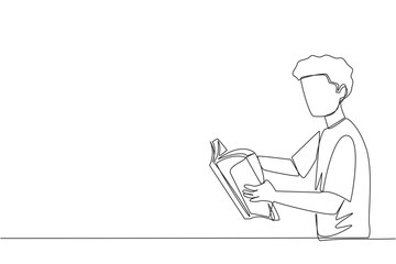 Poster - Continuous one line drawing man are very focused on reading a book. Reading fiction story books during holidays. Book festival concept. Very good habit. Single line draw design vector illustration