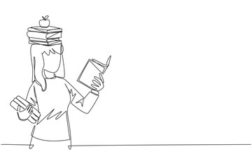 Poster - Single one line drawing woman reading book practicing balance. Stack books on top of head along with the apple. Balancing reading rhythm, train focus. Love read. Continuous line graphic illustration