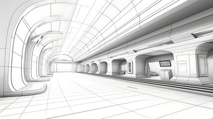 on line drawn subway station architectural sketch 3d plan illustration. generative ai