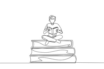 Poster - Single one line drawing man sitting cross-legged on pile of large books. Reading comic. Reading textbook. Read scientific journal. Reading increase insight. Continuous line design graphic illustration