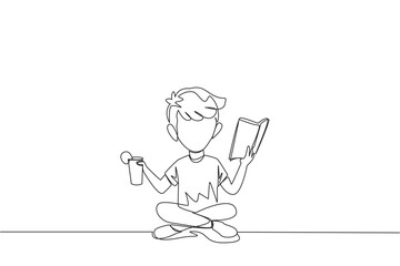 Poster - continuous one line drawing boy sitting cross-legged reading book. accompanied by glass of orange ju