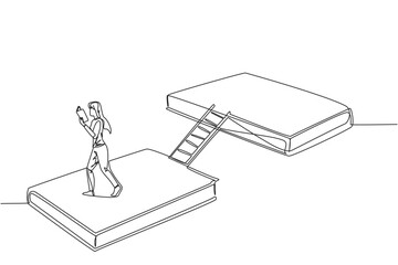 Poster - single one line drawing woman walking reading on books. a book exhibition concept. display many book