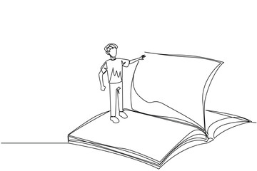 Poster - Continuous one line drawing man standing over open ledger turning the pages. Read slowly to understand the contents of each page. Reading increases insight. Single line draw design vector illustration