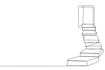 Poster - Single continuous line drawing stack the books used as steps. Reach for the open door at the end of the stairs. Symbol of achieving desires. Book festival concept. One line design vector illustration