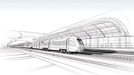 on line drawn train station architectural sketch 3d plan illustration. generative ai